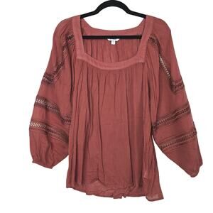 Express Blouse Womens Large Orange Square Neck Crochet Sleeve Boho Tunic Peasant